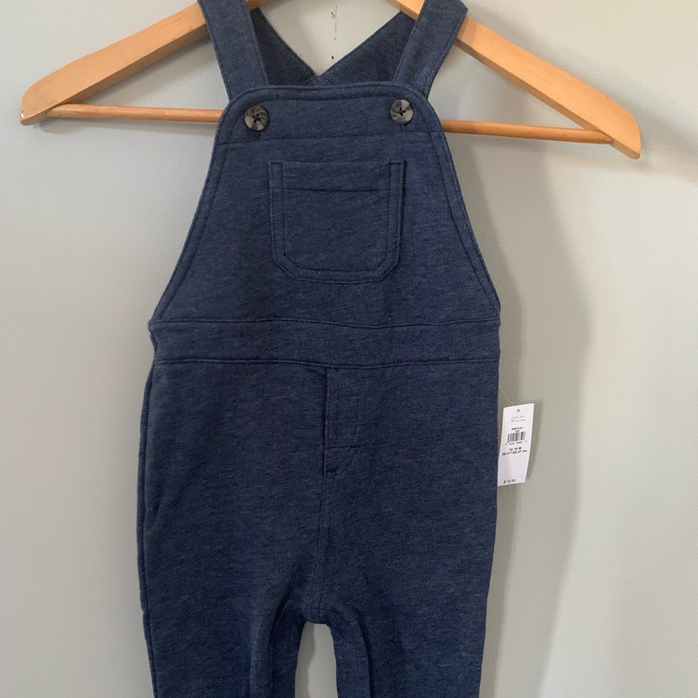 Two Old Navy boys cotton overalls, one gray and one navy.  Size 12-18 months.